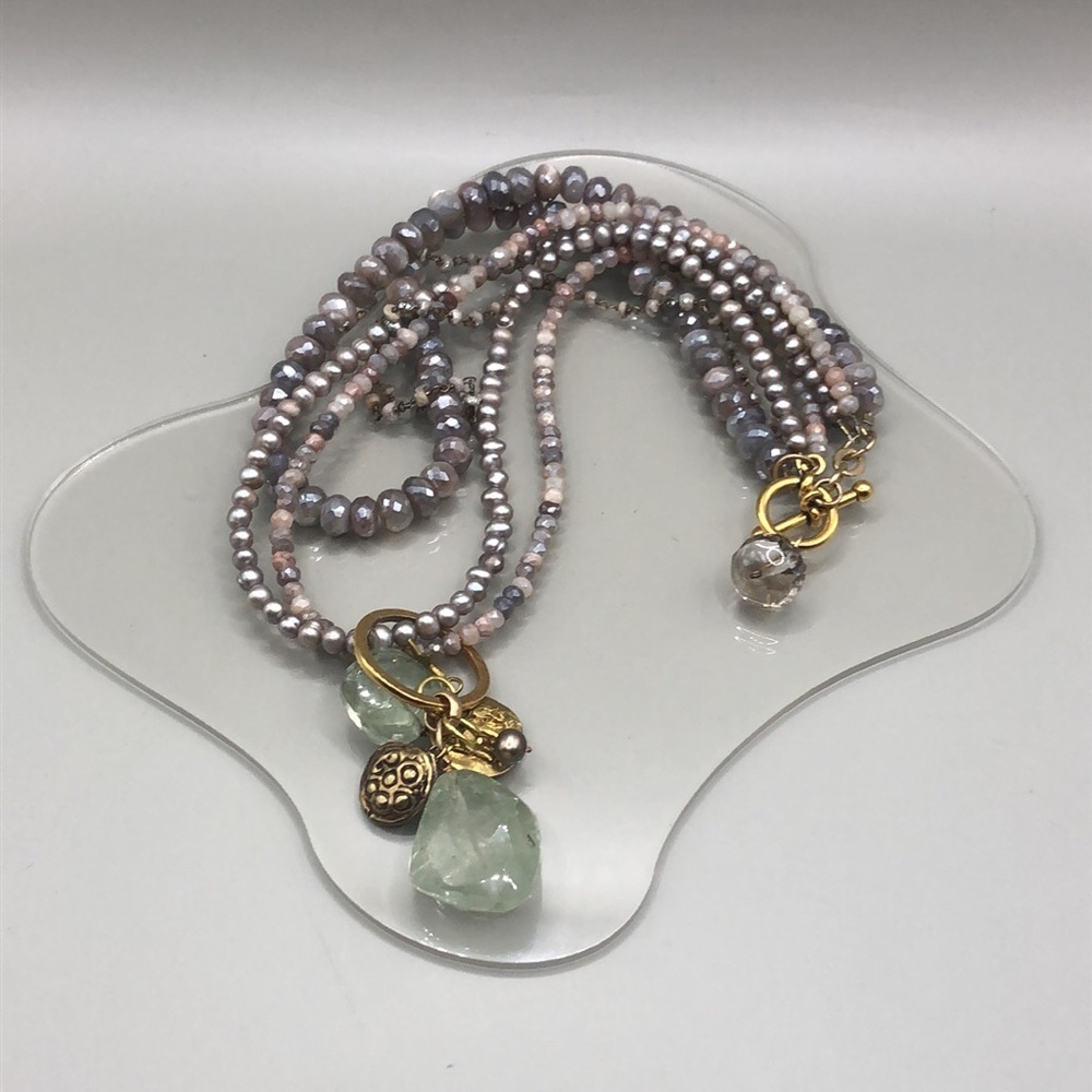 Multi layer beaded gemstones cultured pearls coin charms pendant necklace boho
